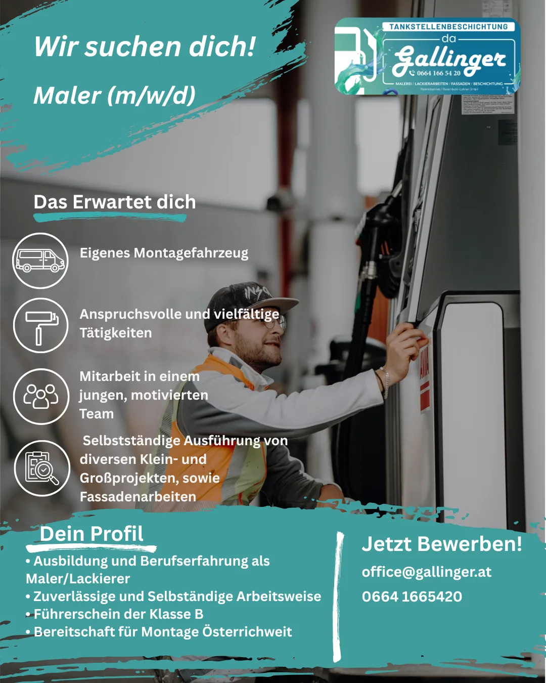 Stellenanzeige von Gallinger für Maler (m/w/d) — Maler an einer Zapfsäule mit türkisen Textflächen und Logo